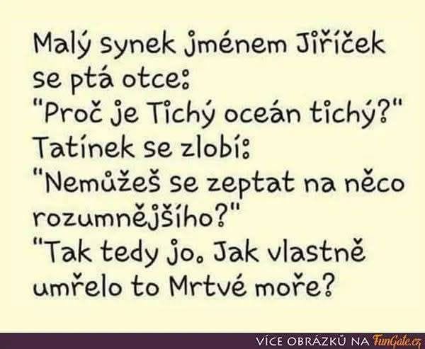 Otec a syn diskutujú o názvoch oceánov a morí s humorom.