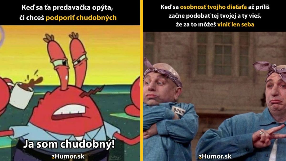 Vtipný obrázok s postavami, ktoré reagujú na otázky o osobnosti a podpore chudobných.