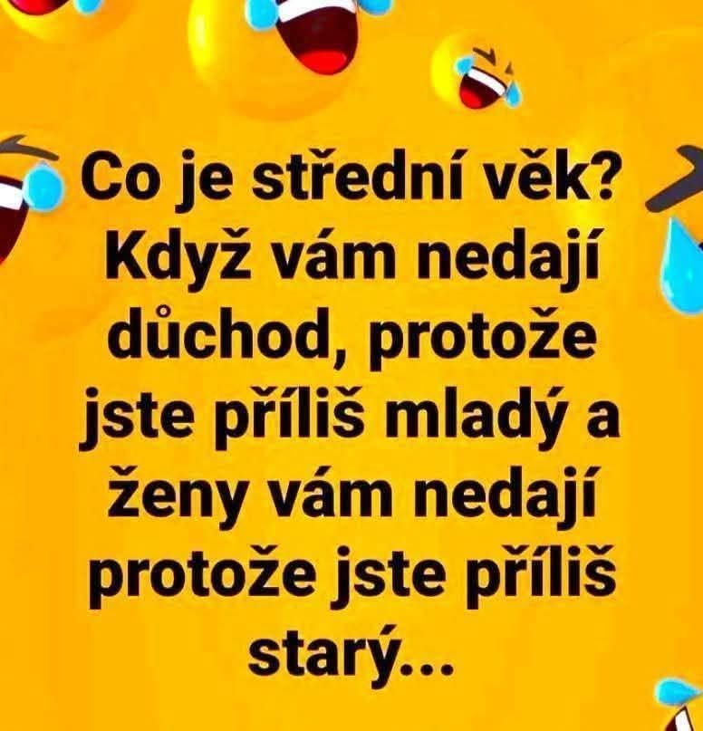 Vtipný text o strednom veku na oranžovom pozadí s emotikonmi, ktorý porovnáva dôchodok a vzťahy.