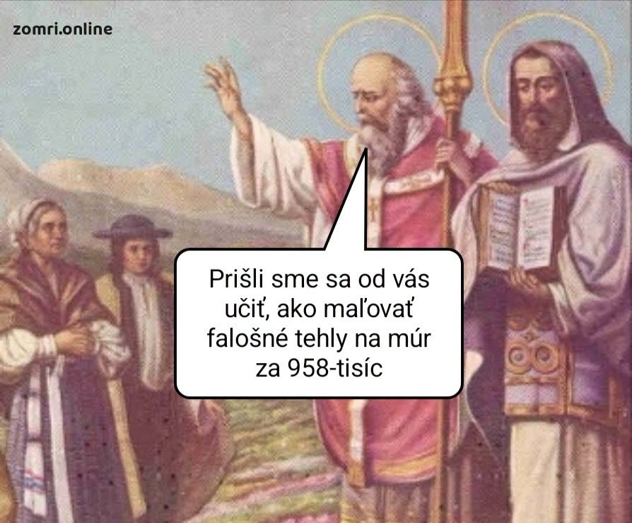 Staroveká scéna s historickými postavami a vtipným textom o maľovaní tehál.