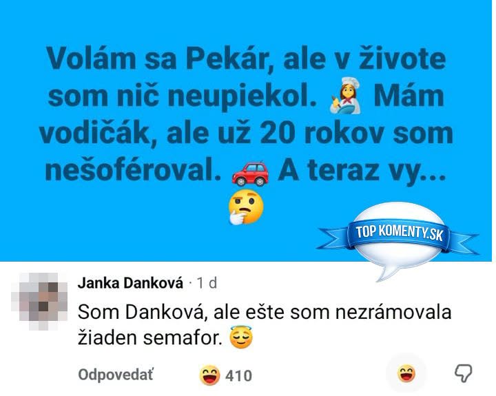 Text a komentár s vtipnou slovnou hračkou o menách a profesiách na modrom pozadí.