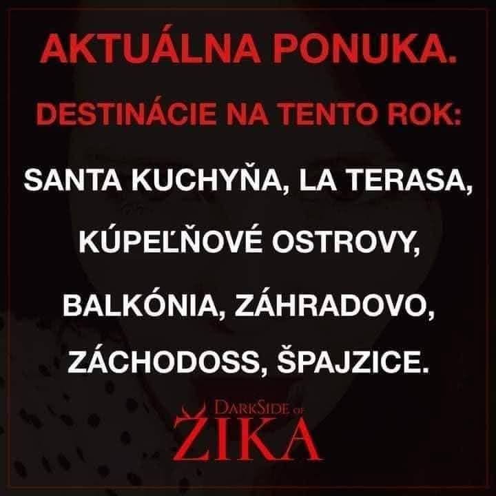 Cestovné destinácie v domácnosti: kuchyňa, terasa, kúpeľňa, balkón, záhrada, záchod a špajza. Humorný plagát.