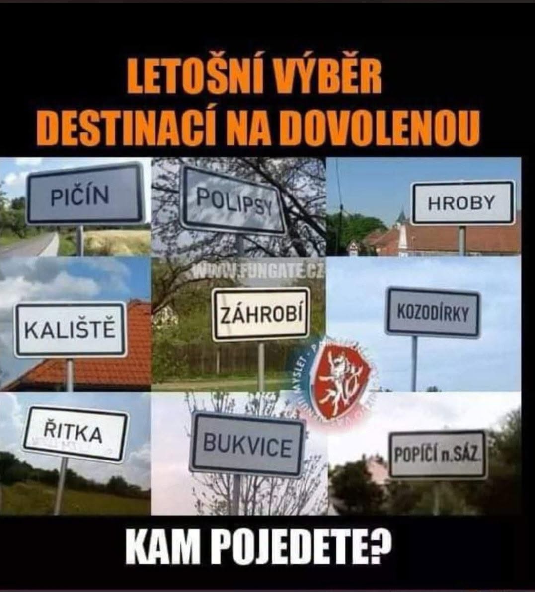 Výber vtipných názvov miest pre dovolenku: Picín, Polipsy, Hroby, Kaliště, Záhrobí, Kozodírky, Řitka, Bukvice, Popíčí.