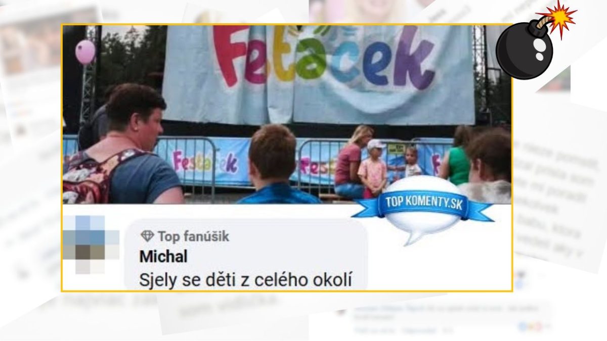 Ľudia sledovaním pódia na festivale Feťáček, farebný banner v pozadí.