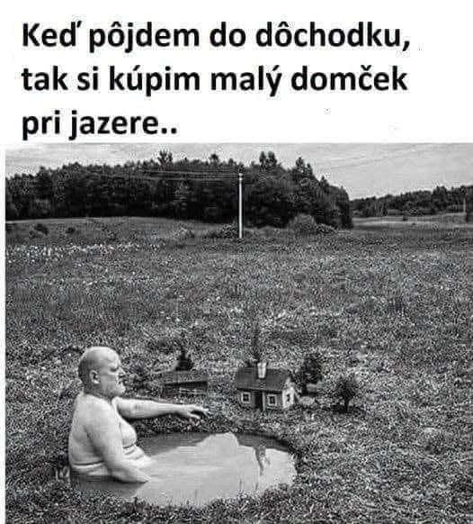 Muž v malom jazierku sníva o domčeku na dôchodok, vtipná fotomontáž krajiny s domom na lúke.