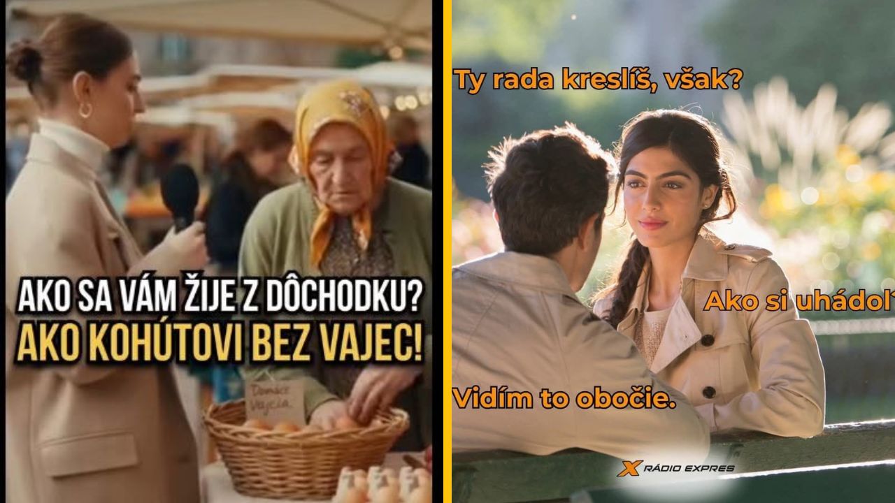 Reportérka sa pýta dôchodkyne na trhovisku na život z dôchodku. V druhom obrázku pár sedí na lavičke.