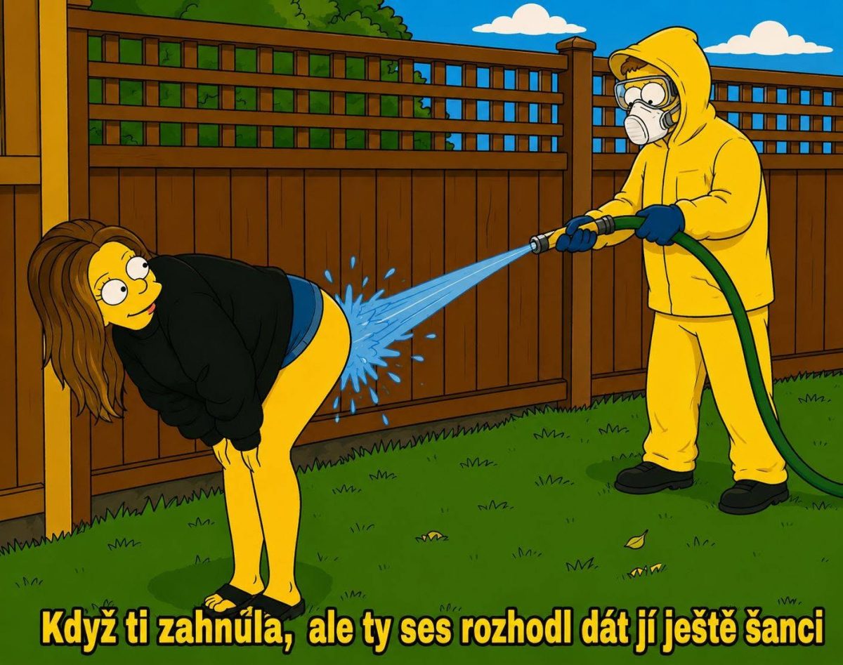 Animované postavy na záhrade, jedna strieka hadicou vodu na druhú.
