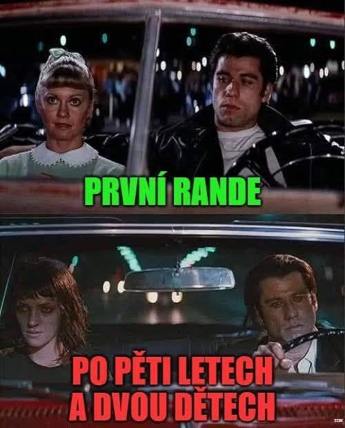Pár v aute: nadšený na prvom rande a unavený po piatich rokoch a dvoch deťoch.