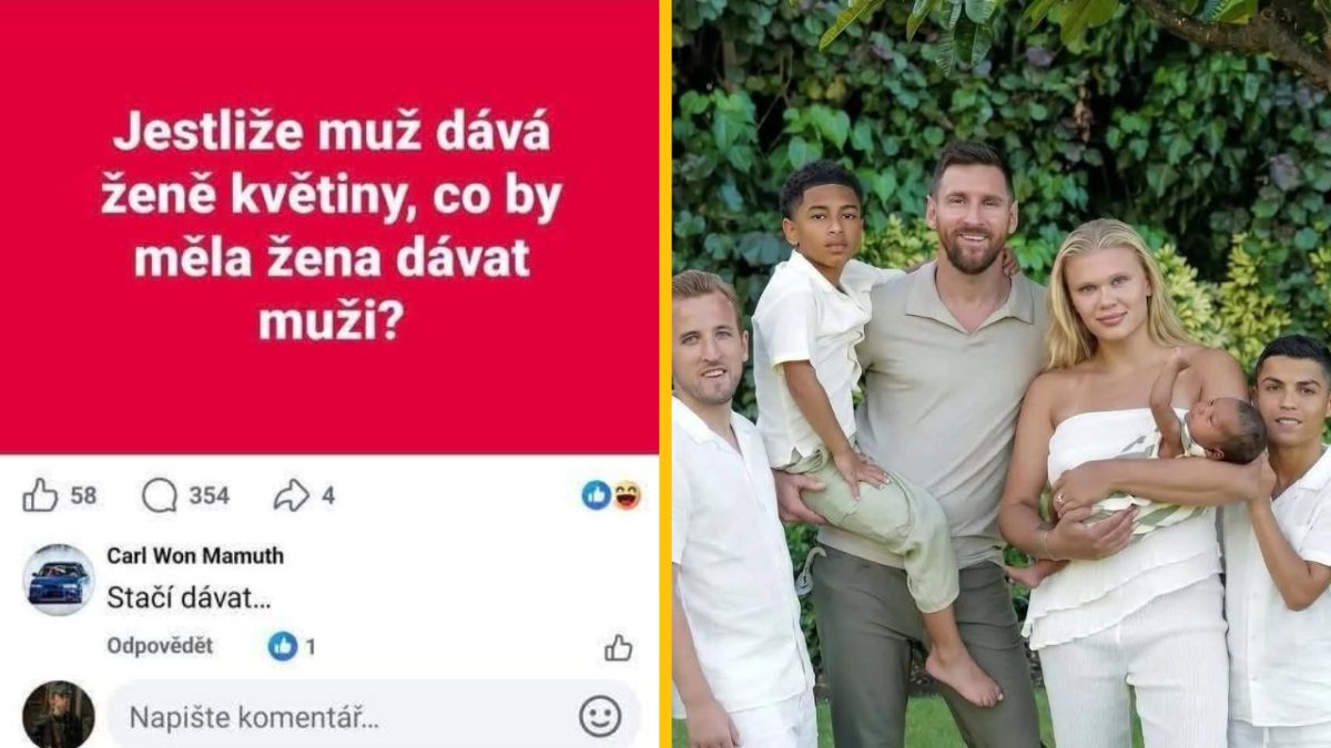 Otázka o daroch medzi mužmi a ženami. Vedľa je skupinová rodinná fotografia pod stromom.