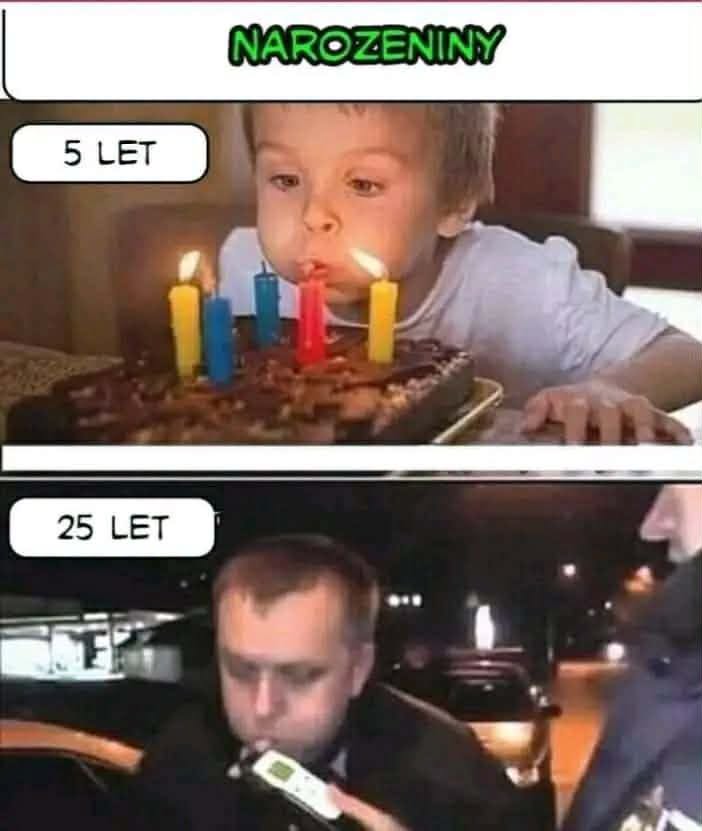 Chlapec sfúkava sviečky na torte, muž fúka do alkohol testeru. Oslavy vo veku 5 a 25 rokov.