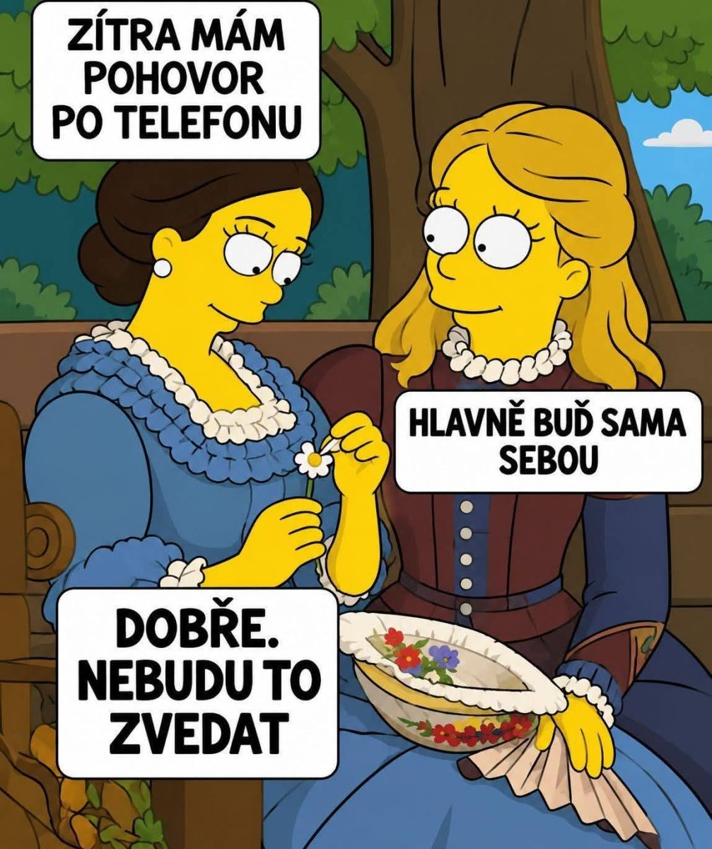 Dve ženy zo Simpsonovcov diskutujú o telefonickom pohovore v historických kostýmoch v parku.