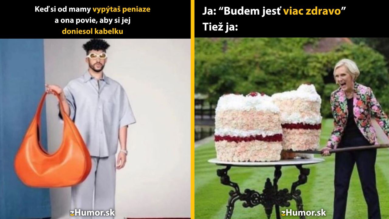 Muž s obrovskou oranžovou kabelkou a žena pred gigantickou tortou, vtipný kontrast voči každodenným situáciám.