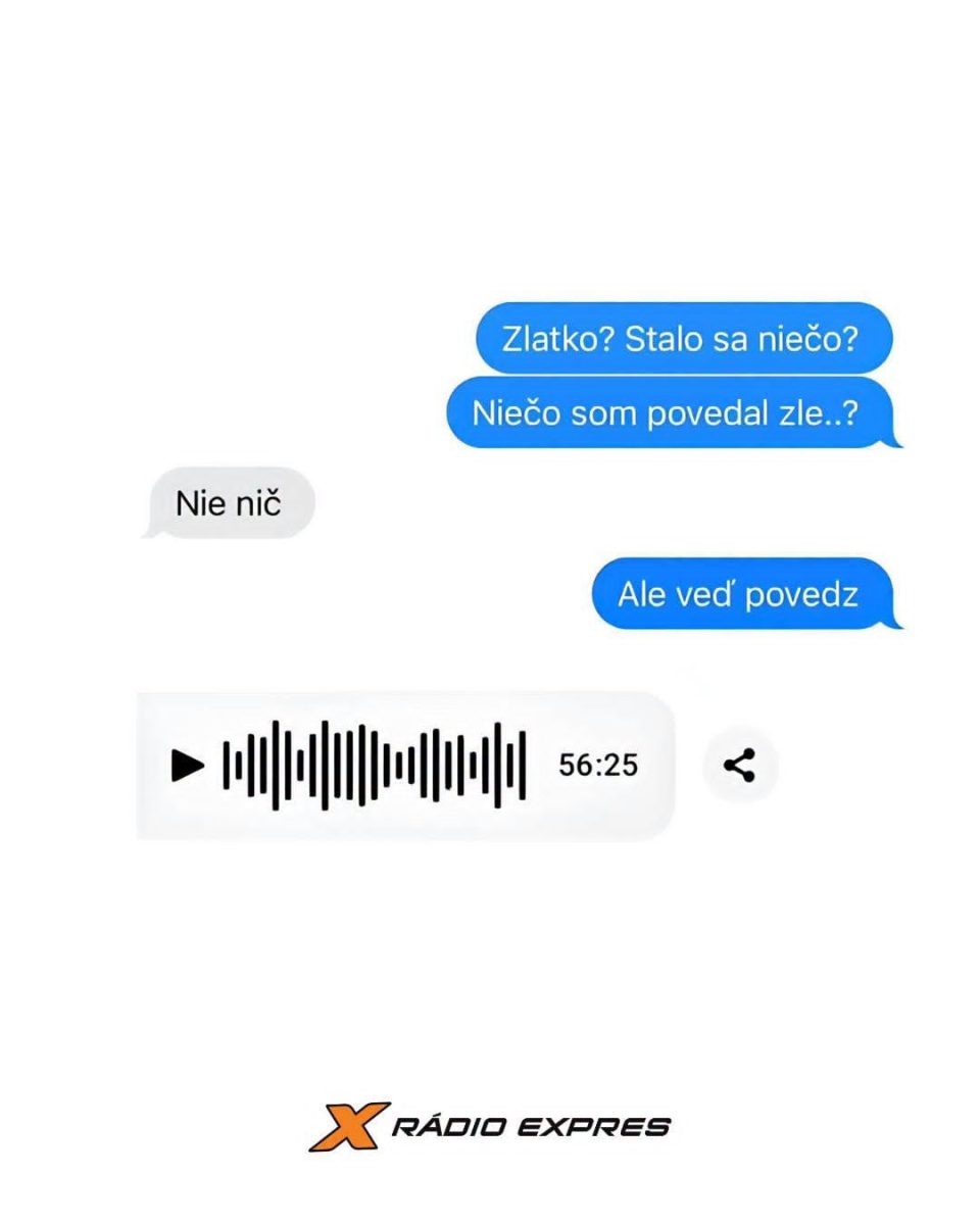 SMS komunikácia o nedorozumení s dlhým hlasovým záznamom, značka Rádia Expres na spodku obrázku.