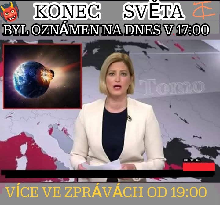 Moderátorka oznamuje koniec sveta s obrázkom zničenia Zeme, správy od 19:00.