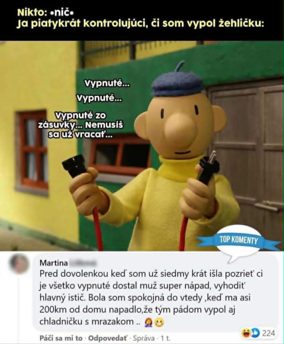 Postava drží šnúru a kontroluje, či je vypnuté, s vtipným textom o vypnutí žehličky pred dovolenkou.