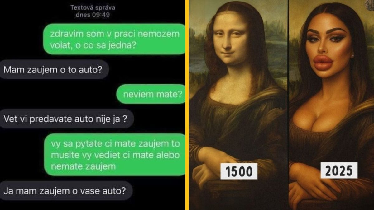 Messaging chaos pri predaji auta a humoristické porovnanie Mony Lisy z rokov 1500 a 2025.