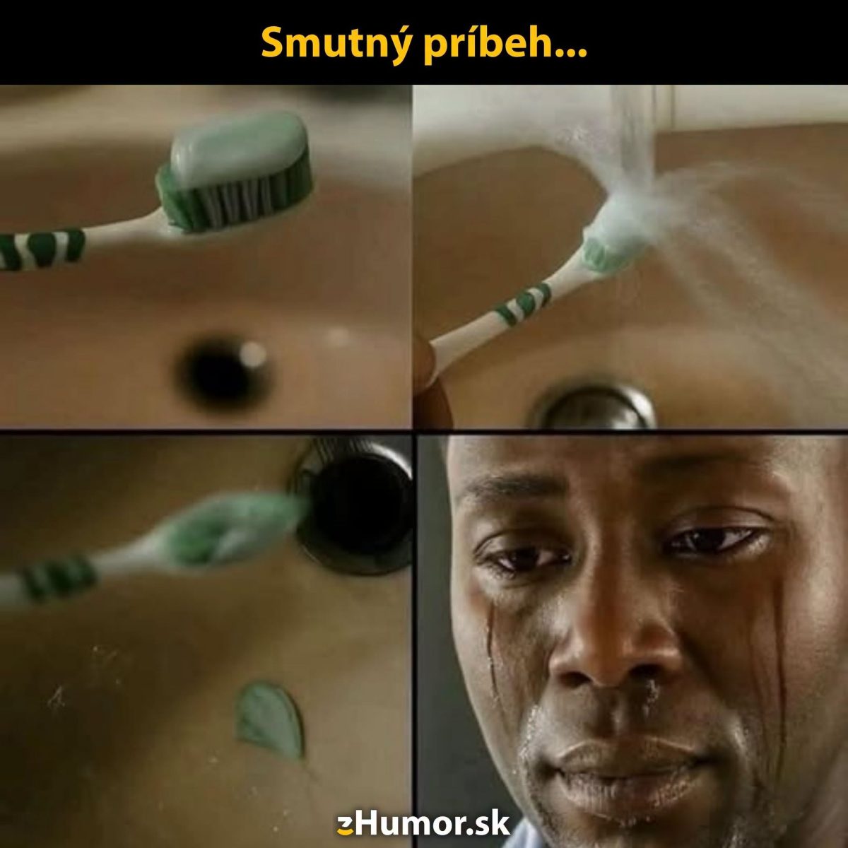 Zubná pasta spadla z kefky do umývadla, muž reaguje smutným výrazom.
