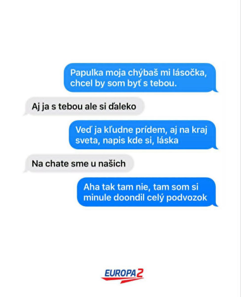 Humorná konverzácia o návšteve na chate zobrazená vo forme textových správ.