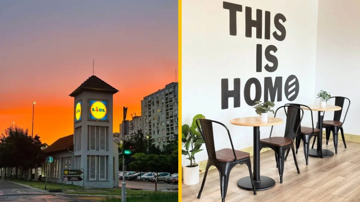 Západ slnka nad obchodom Lidl a moderná kaviareň s nápisom na stene.
