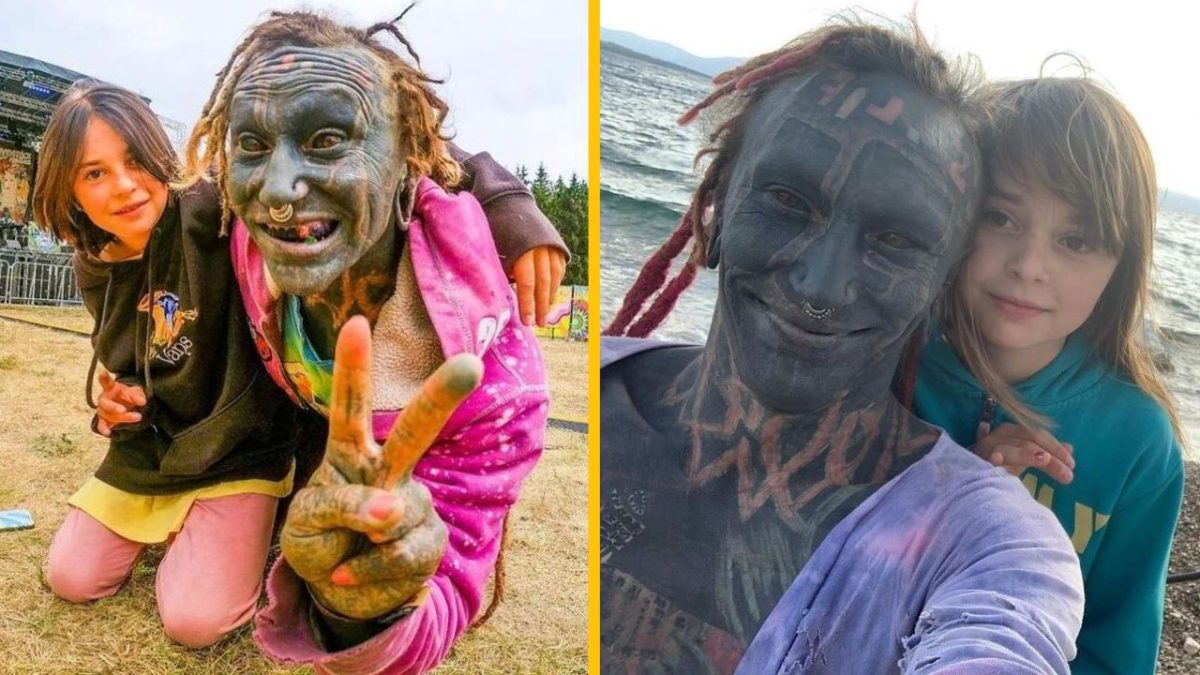 Osoba s výrazným tetovaním a dieťa pózujú na festivale a pri mori, oba snímky sú farebné a ukazujú ich blízky vzťah.