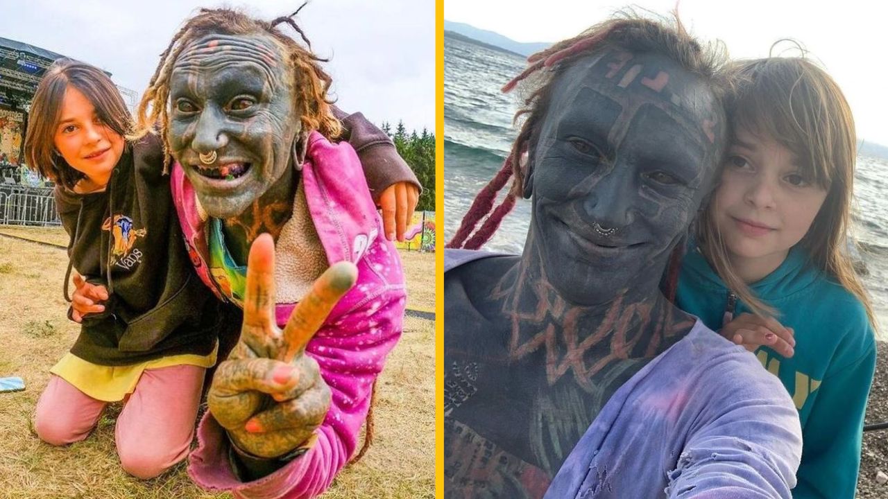 Osoba s výrazným tetovaním a dieťa pózujú na festivale a pri mori, oba snímky sú farebné a ukazujú ich blízky vzťah.