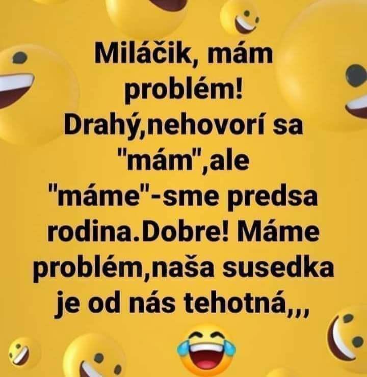 Táto vtipná konverzácia o probléme a tehotnej susedke so žltými smajlíkmi na pozadí.
