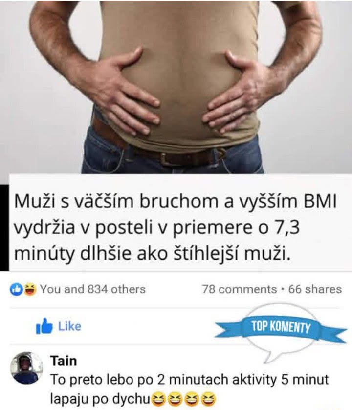Muž s väčším bruchom a komentár o dĺžke výdrže v posteli, humoristický príspevok a reakcia na sociálnej sieti.