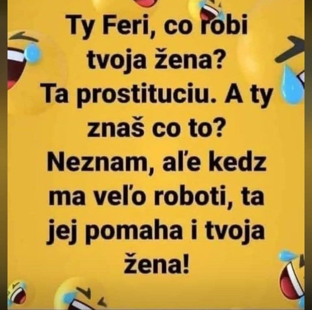 Vtipný text na žltom pozadí so smajlíkmi a rozhovorom o práci ženy priateľa.