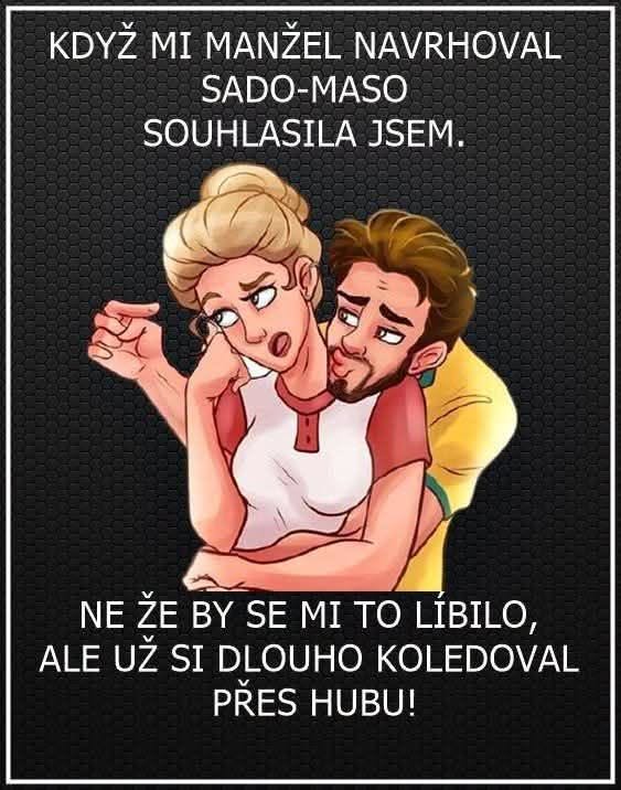 Kreslený pár s humorným textom o manželovej sado-maso túžbe a manželkinej ironickej reakcii na pozadí s hexagónmi.