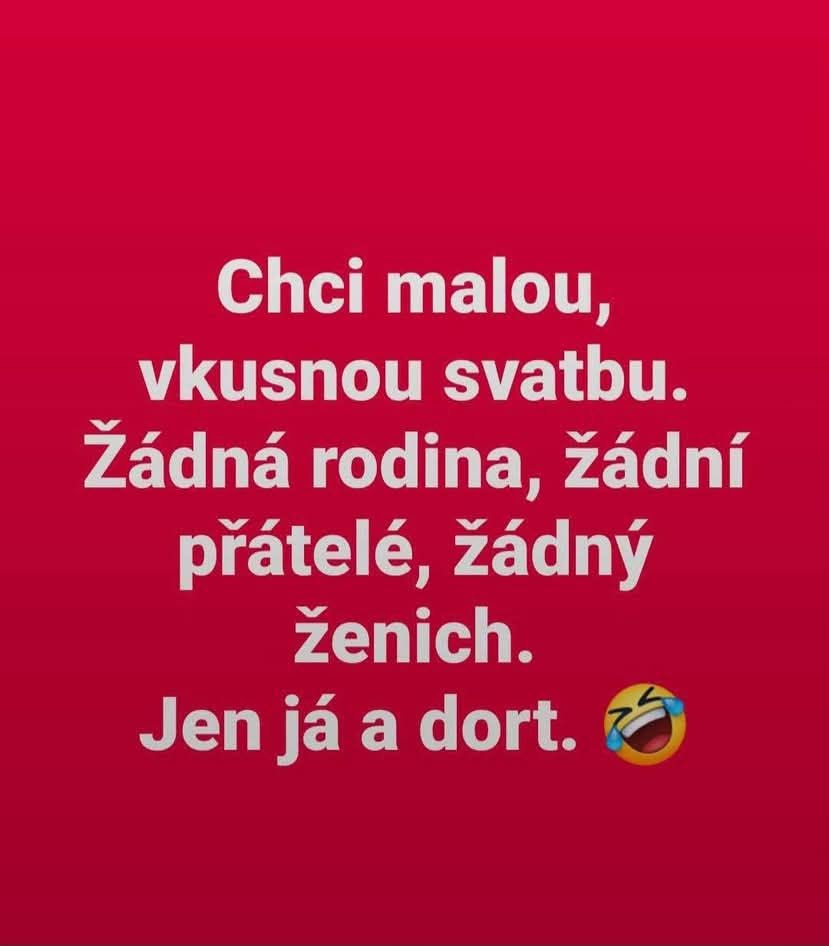 Vtipný text o malej svadbe bez hostí a ženícha, len so ženou a dortom na červenom pozadí.