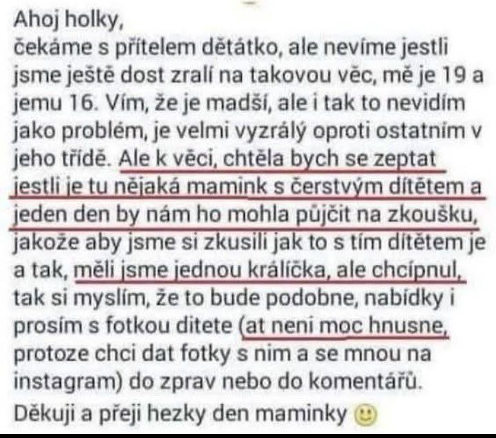 Žena žiada mamičky o možnosť opatrovania ich dieťaťa na skúšku, aby zistila, ako jej partner zvládne starostlivosť.