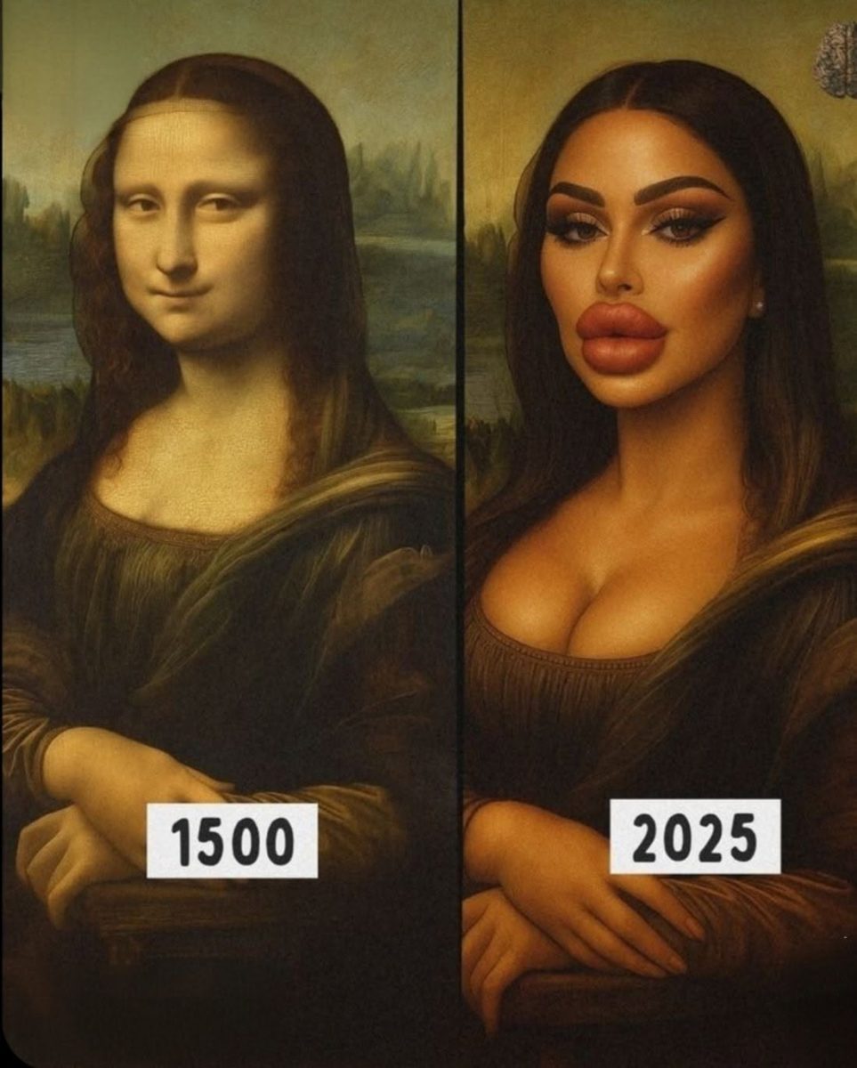 Porovnanie Mona Lisy z roku 1500 a moderného vzhľadu v roku 2025, zdôrazňujúce spoločenské zmeny v estetike.