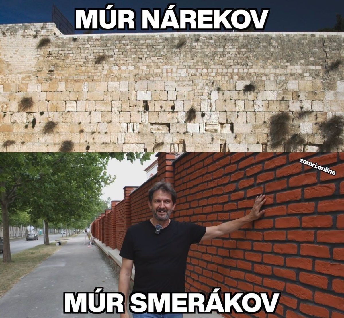 Dva múry, jeden tradičný kamenný, druhý tehlový, s nápismi Múr nárekov a Múr smerákov.