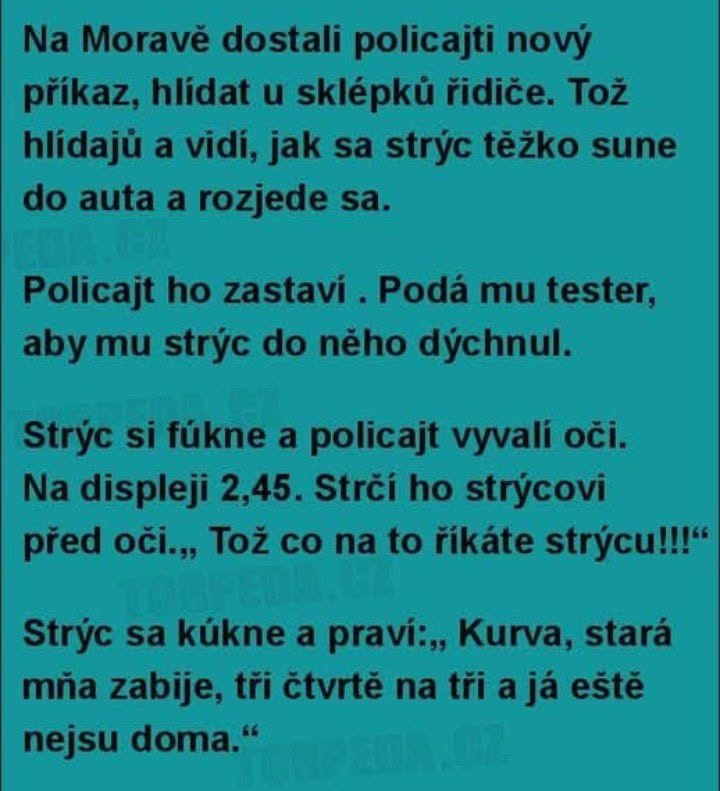 Textový vtip o policajnej kontrole vodiča v Moravskom kraji so zameraním na alkoholový test.