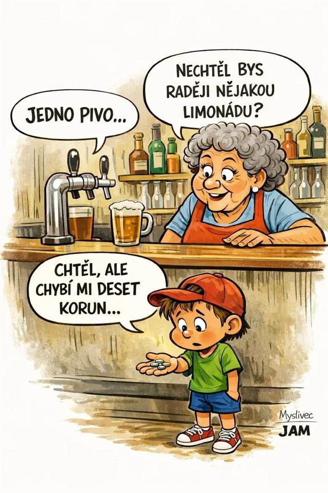 Chlapec pri pulte žiada pivo, barmanka mu ponúka limonádu; chlapec nemá dosť peňazí.