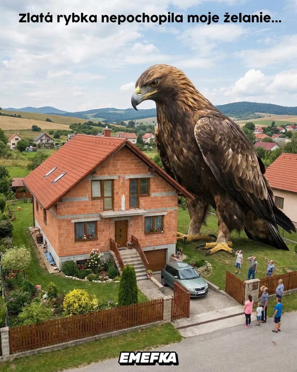 Obrovský orol stojí vedľa rodinného domu, prekvapení ľudia ho pozorujú z dvora.