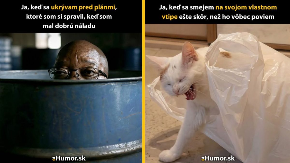 Osoba ukrytá v sude a mačka smejúca sa v plastovej taške, ilustrujúca zábavné situácie.