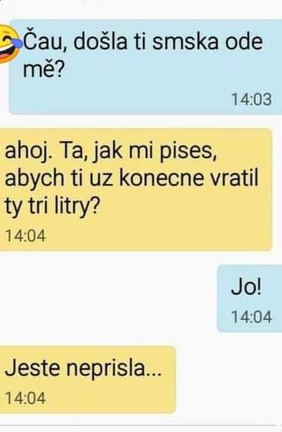Konverzácia cez SMS o nevrátených peniazoch medzi dvoma osobami. Hláška o tom, že správa ešte neprišla.