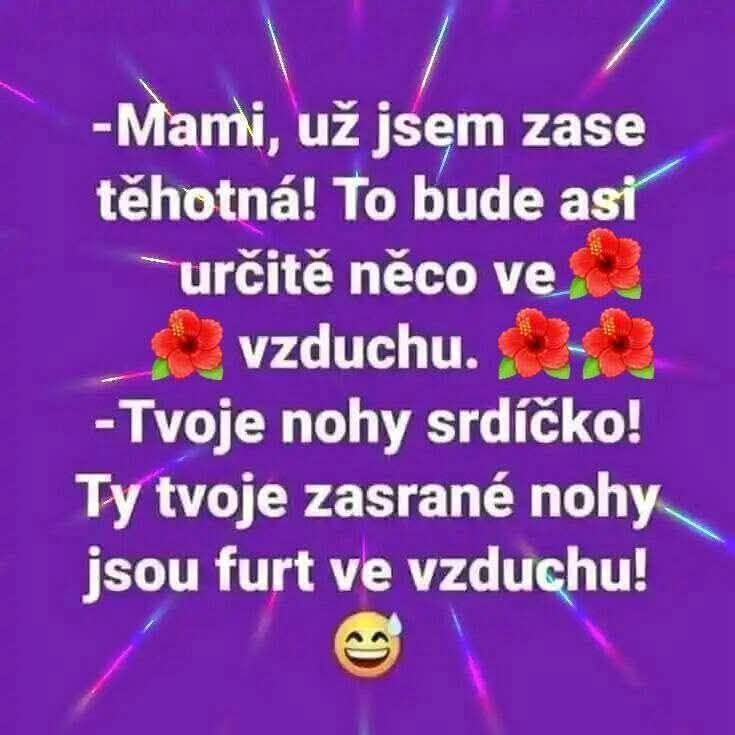 Vtipná konverzácia o tehotenstve na fialovom pozadí s úsmevom a kvetmi, odkazujúca na vtipné okolnosti.