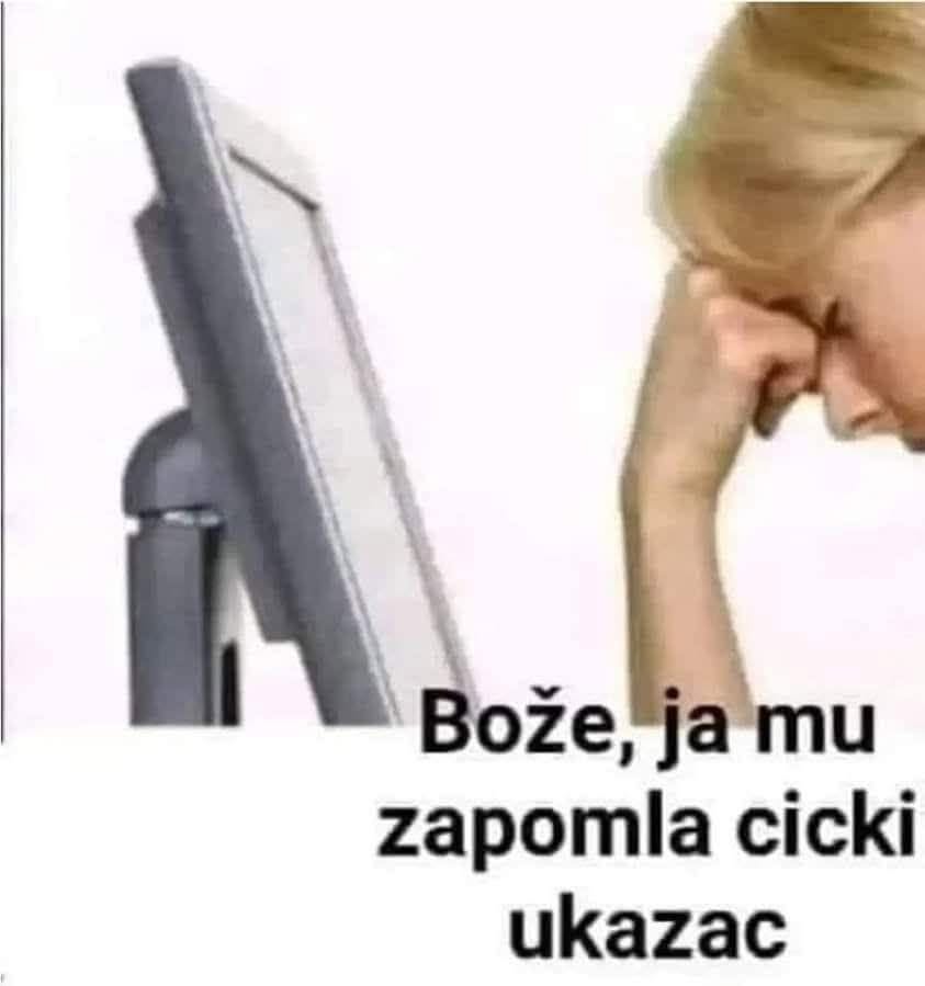 Žena sklonená pred monitorom, pôsobí stresovane, s textom Bože, ja mu zapomla cicki ukazac.