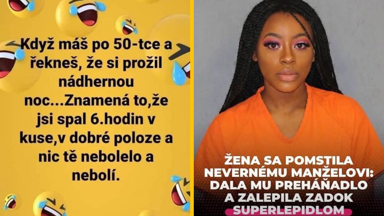 Dvojica obrázkov s textom: český vtip o spánku po päťdesiatke a slovenská humorná pomsta nevernému manželovi.