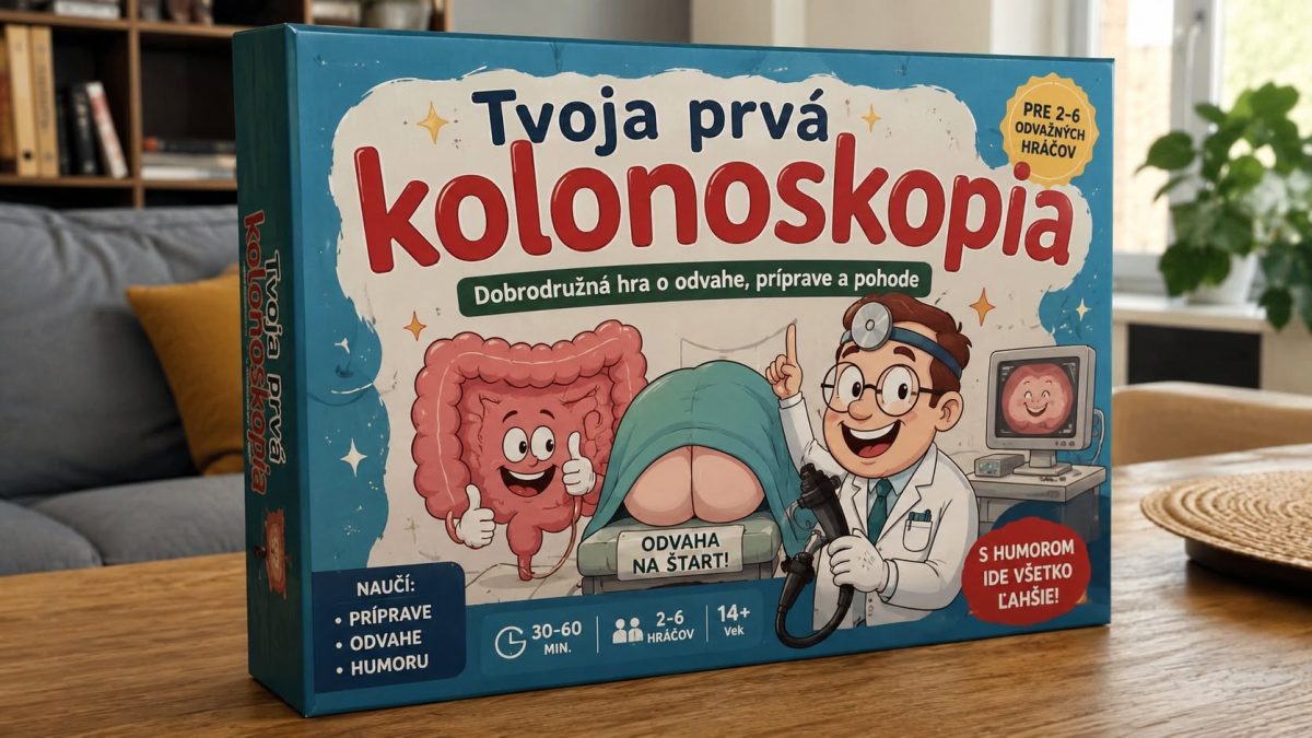 Krabica stolovej hry Tvoja prvá kolonoskopia s humorným motívom a lekárom. Vhodná pre 2-6 hráčov od 14+.
