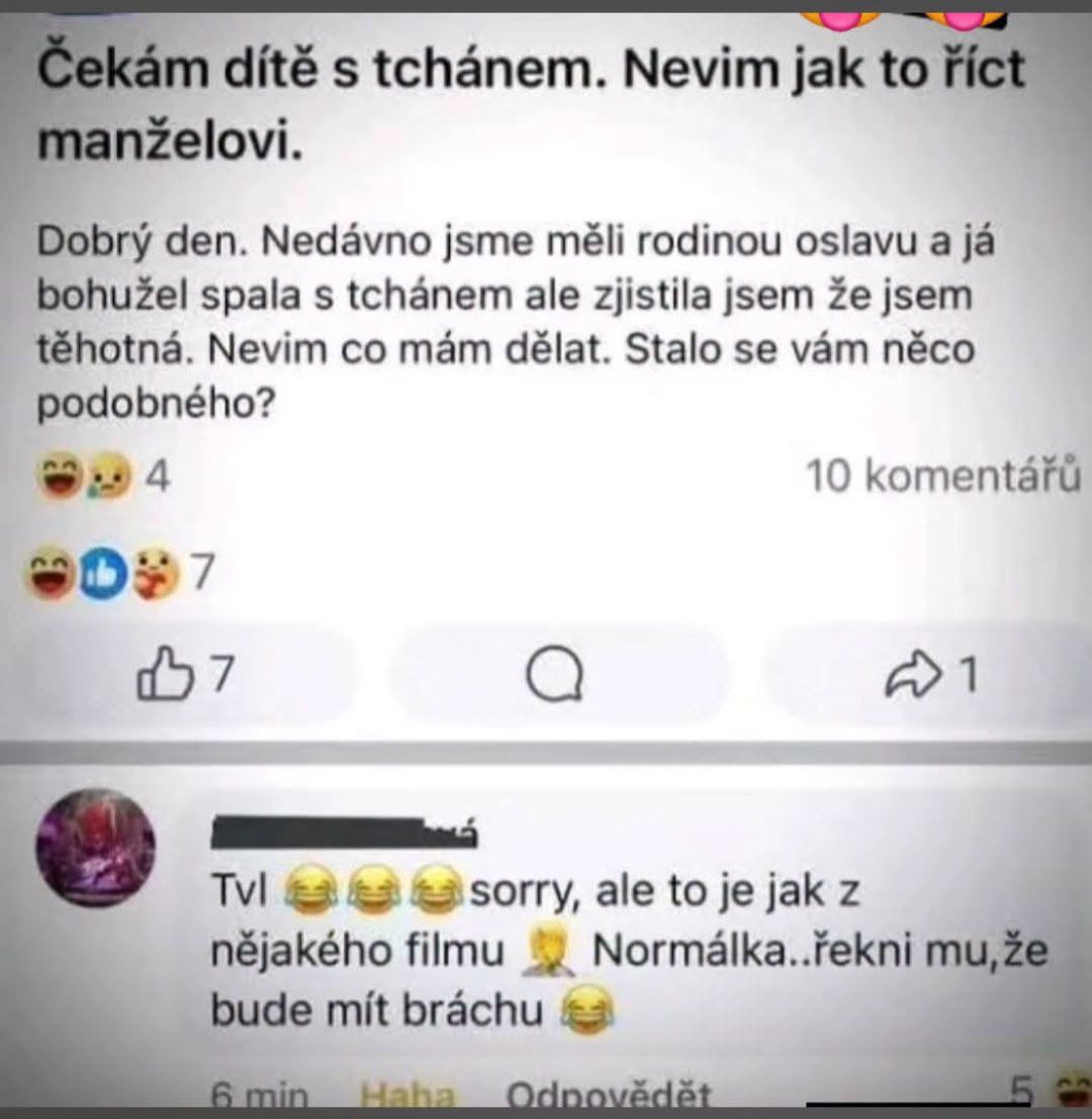 Osobný príbeh: žena tehotná so svokrom, nevediac, ako to povedať manželovi. Reakcie s humorným podtónom.