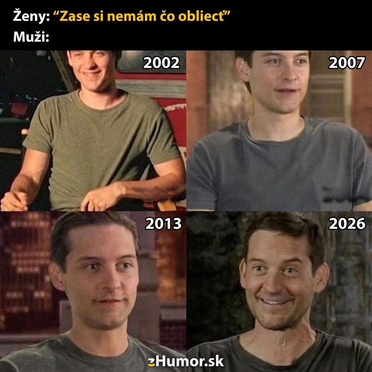 Muž nosí rovnaké tričko na štyroch fotografiách z rôznych rokov: 2002, 2007, 2013, 2026.