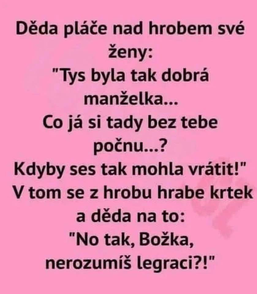 Dedko žiali pri hrobe manželky; krtek hrabe zem a dedko sa pýta: Božka, nerozumieš humoru?! - Vtipná scénka.