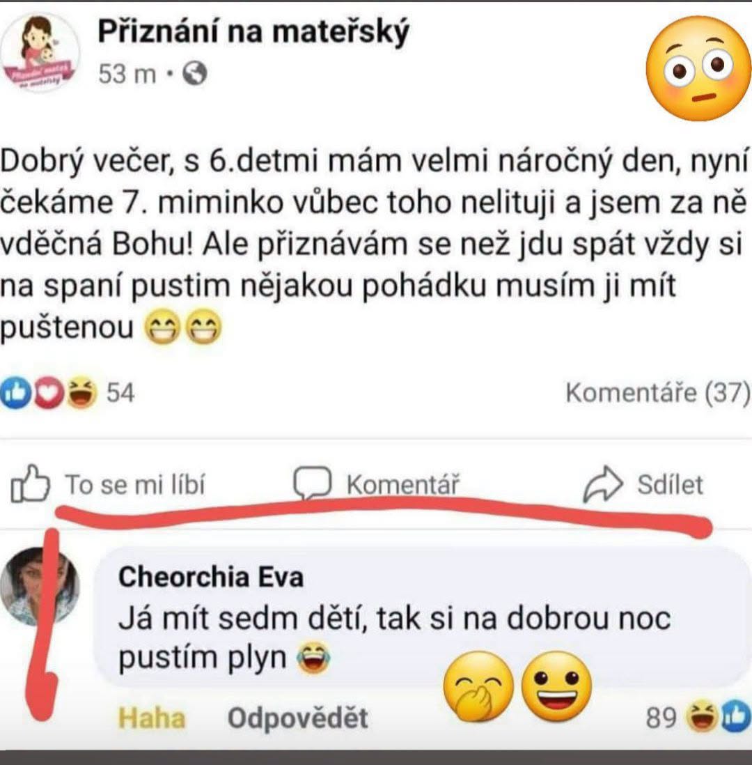 Mamička s 6 deťmi čaká 7. a závislá na rozprávkach pred spaním, komentár s humorom o rodičovskej náročnosti.