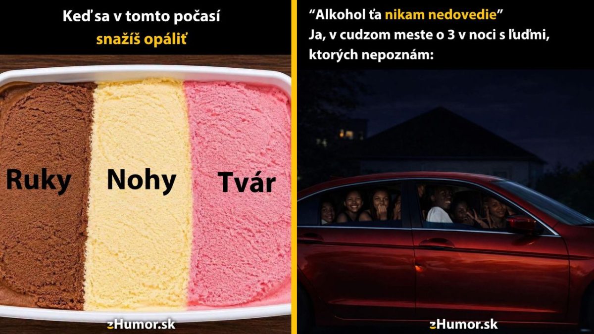Prvý obrázok zmrzliny s nápismi ruky, nohy, tvár; druhý obrázok auto plné smejúcich sa ľudí v noci.