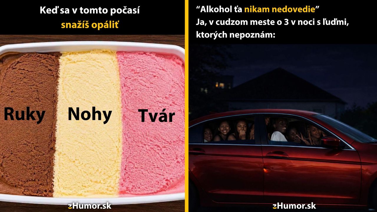 Prvý obrázok zmrzliny s nápismi ruky, nohy, tvár; druhý obrázok auto plné smejúcich sa ľudí v noci.