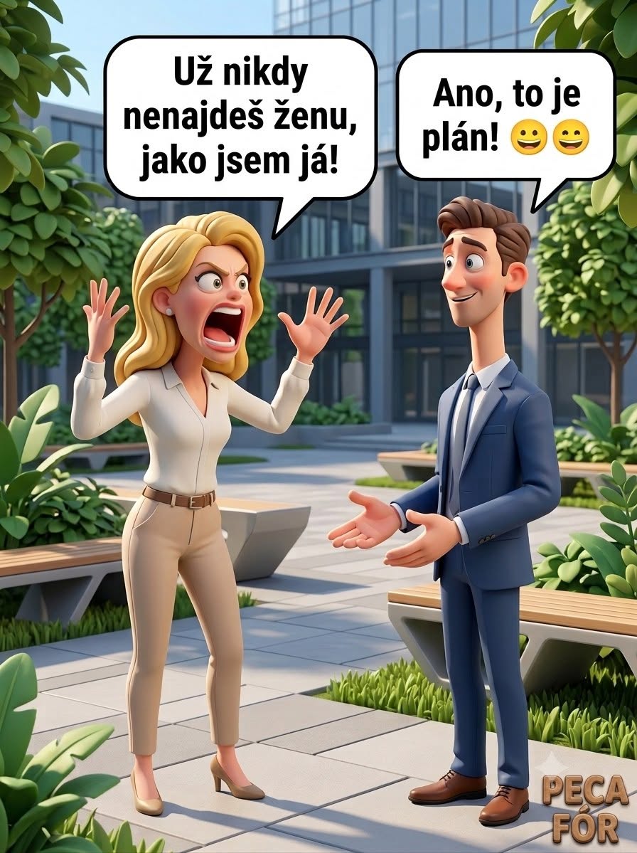 Dve kreslené postavy vo vášnivej diskusii v parku, s vtipným textom v bublinách.