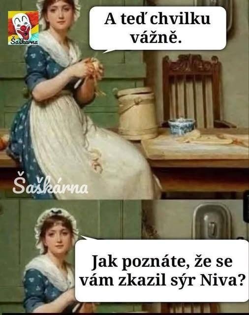 Žena s úsmevom v kuchyni robí vtip o pokazenom syre, čím pridáva veselý nádych historickému obrazu.
